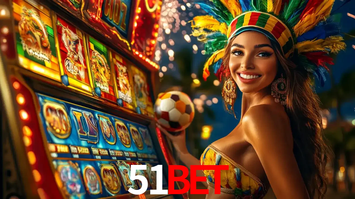 Mulher com um cocar de carnaval ao lado de uma máquina de caça-níqueis enquanto segura uma bola de futebol, mostrando a união da diversão de cassino e esportes no 51BET.
