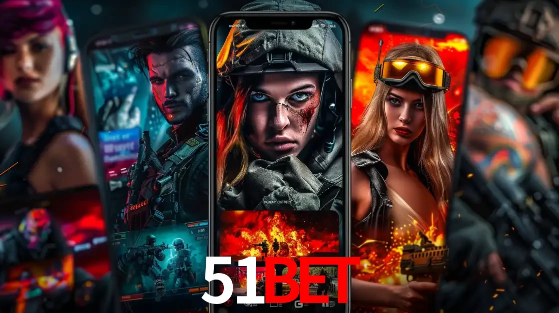 Montagem de telas de celular mostrando diversos personagens, masculinos e femininos, de um jogo de tiro, ilustrando a diversidade de equipes de e-sports para apostar no 51BET.