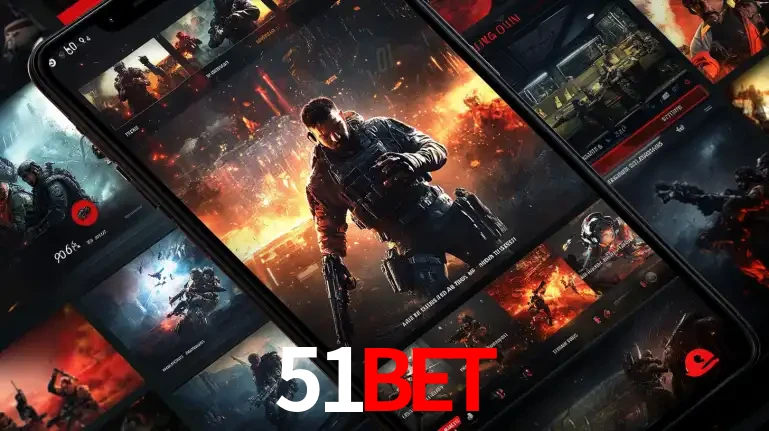 Tela de um celular exibindo uma galeria de jogos de tiro com temática militar, mostrando a variedade de e-sports disponíveis para apostas na plataforma de entretenimento 51BET.