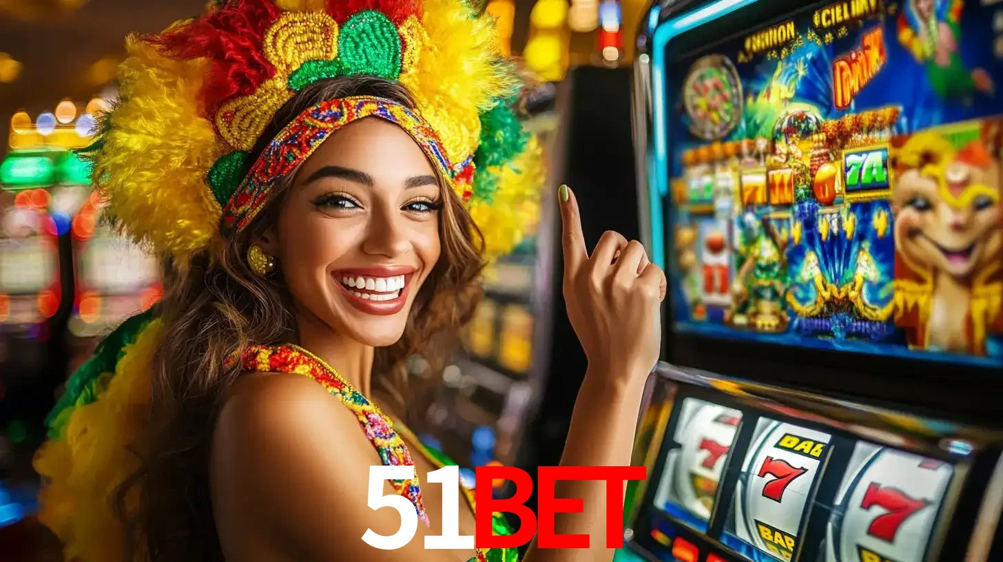 Mulher animada com um cocar de carnaval apontando para uma máquina de caça-níqueis, mostrando a emoção de ganhar um grande prêmio nos jogos do 51BET.