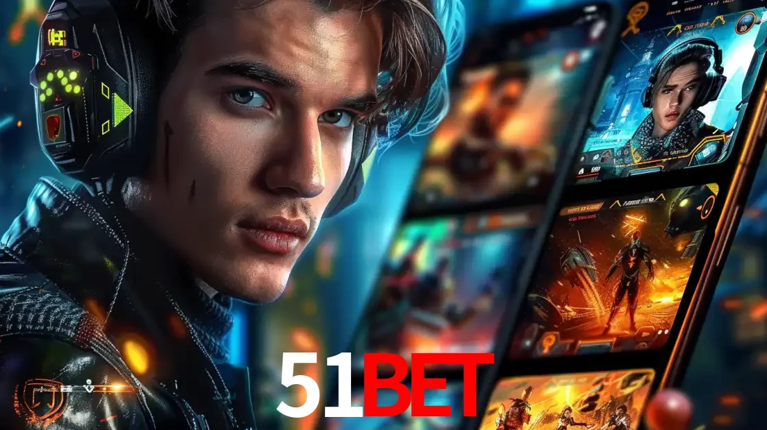 Jovem jogador com fones de ouvido olhando para a câmera, com um aplicativo de jogos e e-sports para celular ao fundo, pronto para a competição e apostas no 51BET.