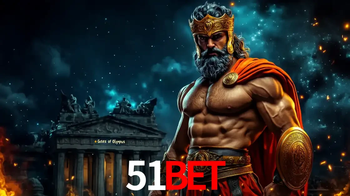 O poderoso Zeus do jogo de slot Gates of Olympus em frente ao seu templo, pronto para lançar multiplicadores divinos e prêmios épicos no cassino online 51BET.