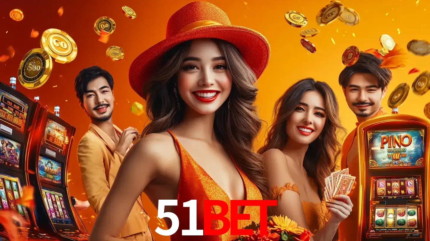 Grupo de amigos asiáticos sorrindo e se divertindo com máquinas de caça-níqueis em um ambiente festivo, celebrando suas vitórias nos jogos de cassino do 51BET.