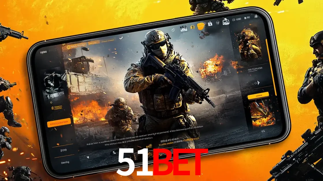 Um smartphone exibindo a interface de um jogo de tiro em primeira pessoa, com um soldado em um cenário de batalha, representando a ação dos e-sports para apostar no 51BET.