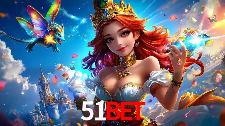 A princesa de um reino de fantasia mágico, com seu pequeno dragão, apresentando um mundo de prêmios encantados nos jogos de caça-níqueis do cassino 51BET.