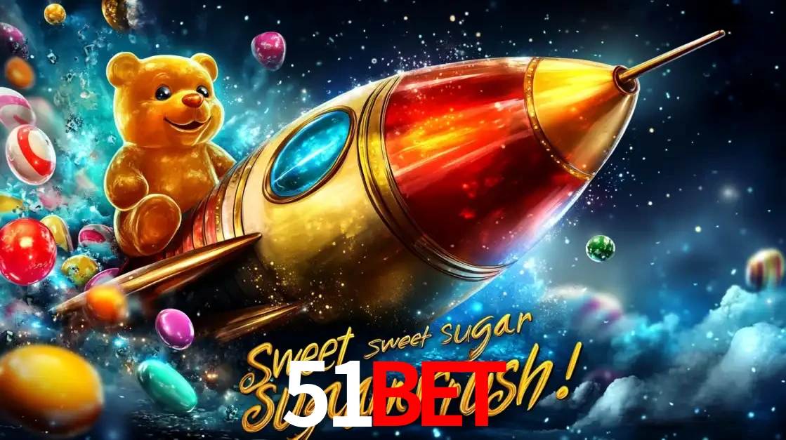 Arte promocional do jogo de slot Sugar Rush, com um urso de pelúcia em um foguete viajando pelo espaço de doces, um dos jogos divertidos disponíveis no cassino 51BET.