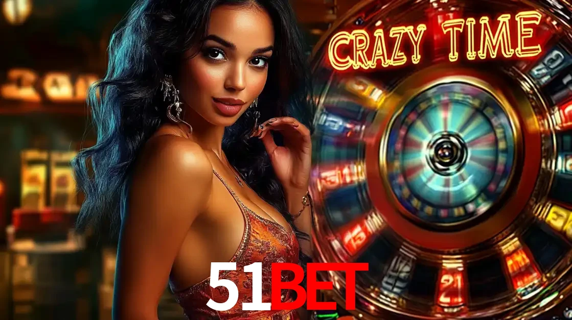 Mulher elegante ao lado da vibrante roda da fortuna do jogo de cassino ao vivo Crazy Time, um dos game shows mais populares e cheios de prêmios do 51BET.