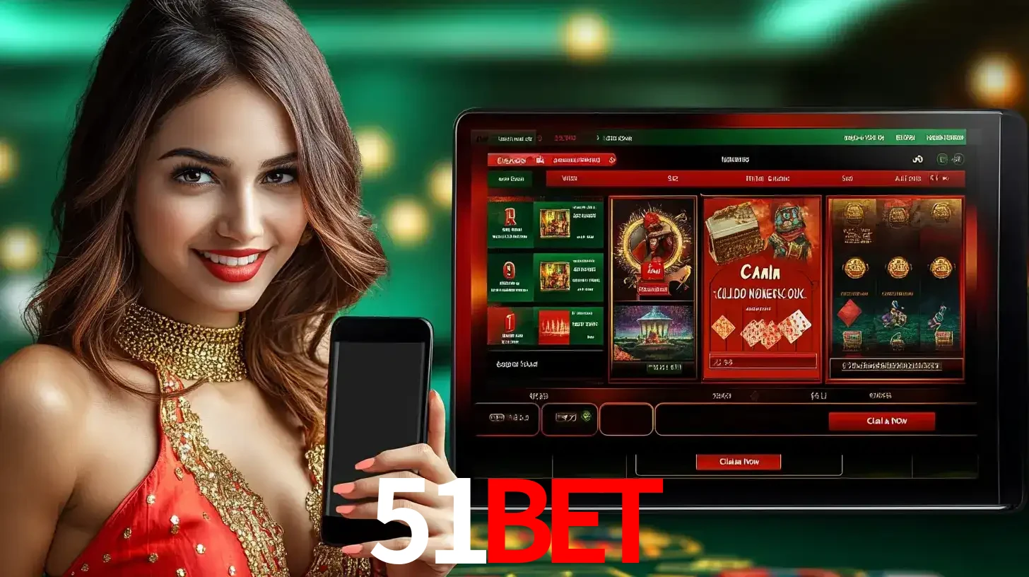 Mulher sorridente segurando um smartphone, ao lado de uma tela exibindo o lobby de jogos do cassino online 51BET, com várias opções de jogos de cartas e slots.